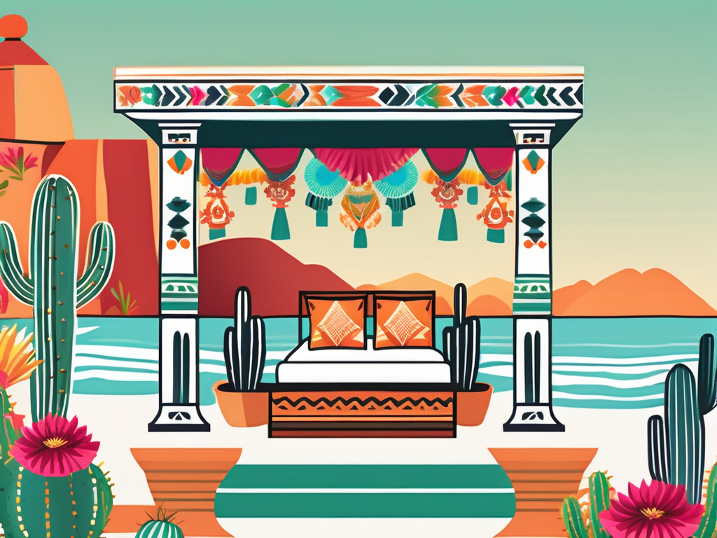 A vibrant mexican landscape with indian wedding elements such as a decorated mandap (ceremonial wedding structure)